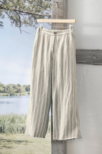 Frayed Hem Striped Linen Crop Pants